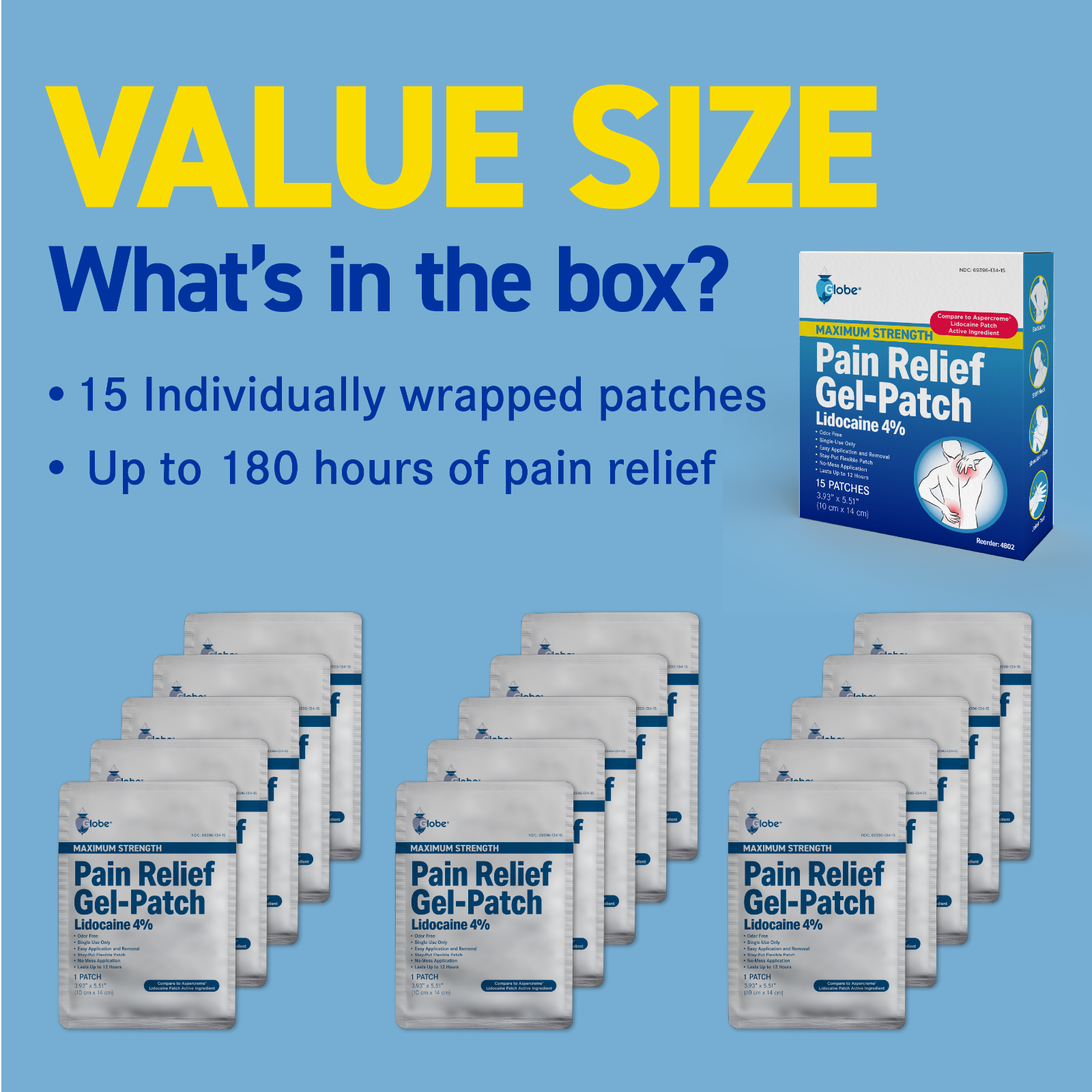 Globe Lidocaine 4% Patch | Maximum Strength Pain Relief 15 Count | Value Pack