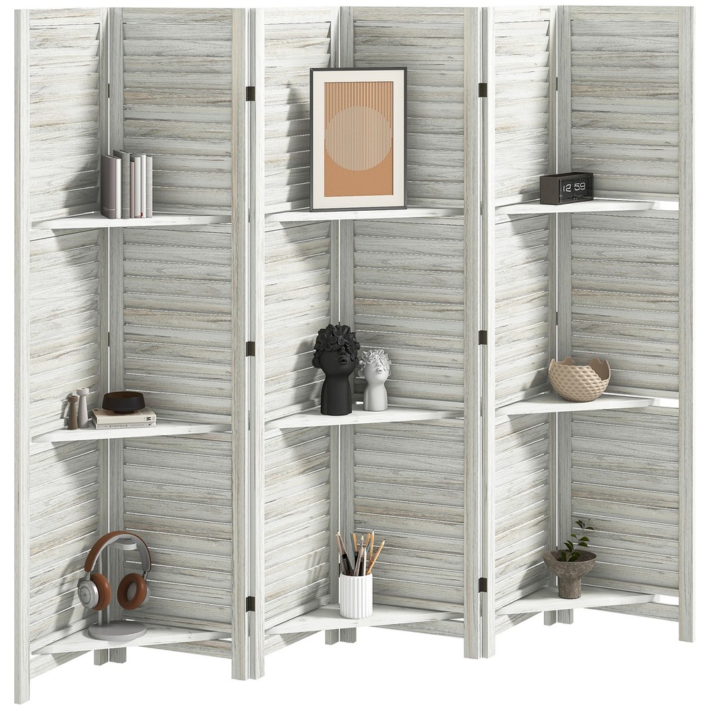 6 Panel Privacy Screen, Room Divider with 3 Shelves, White
