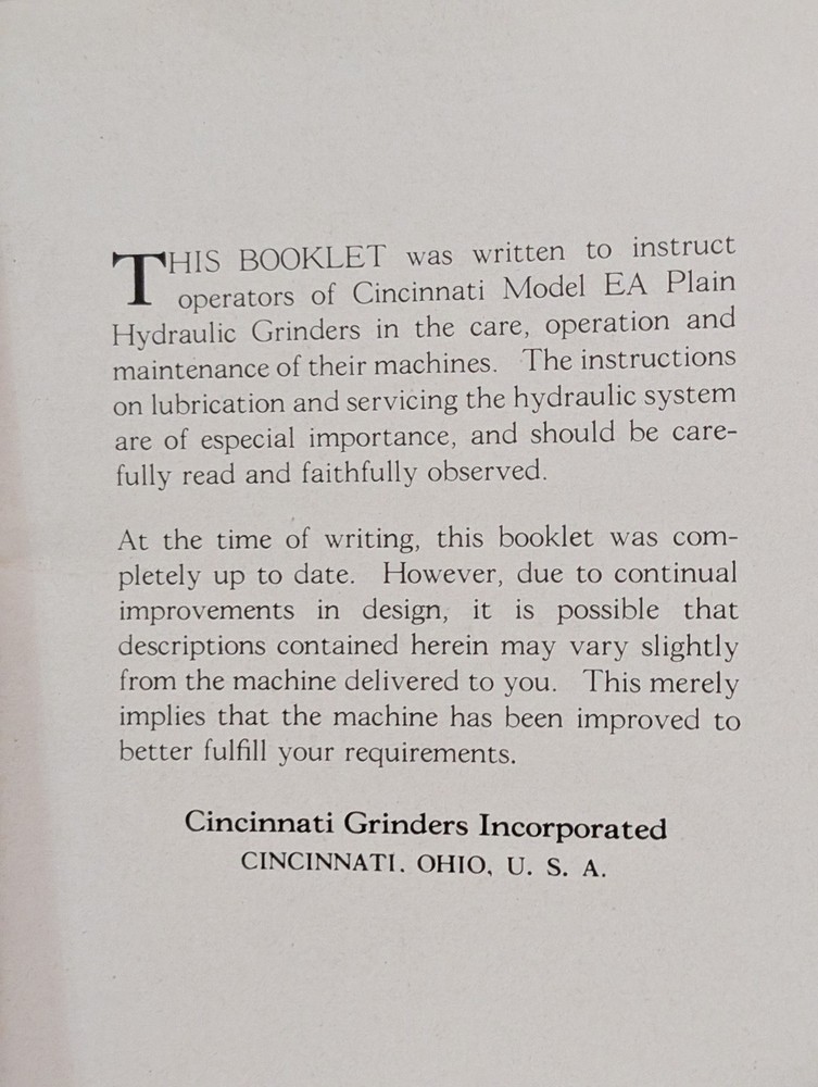 Cincinnati EA 6" & 10" Plain Hydraulic Grinding Machine Operators Instructions