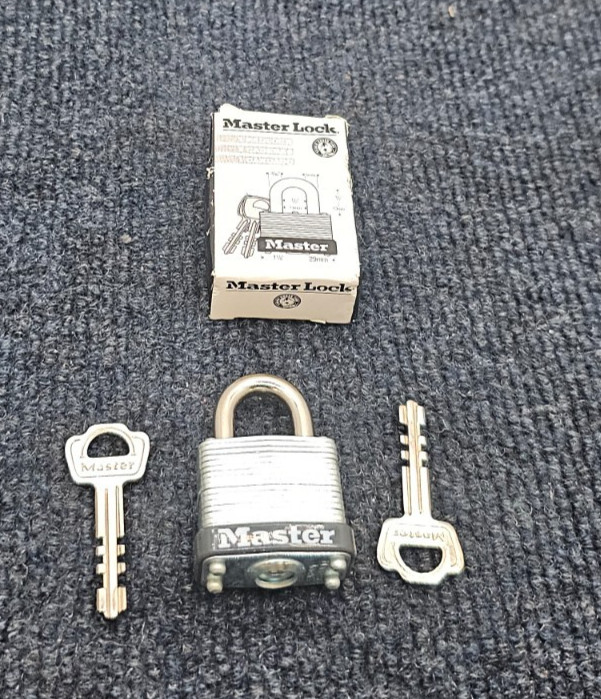 (QTY 4) Master Lock Padlock Rectangular Silver Steel 1-1/8"H W/ Keys