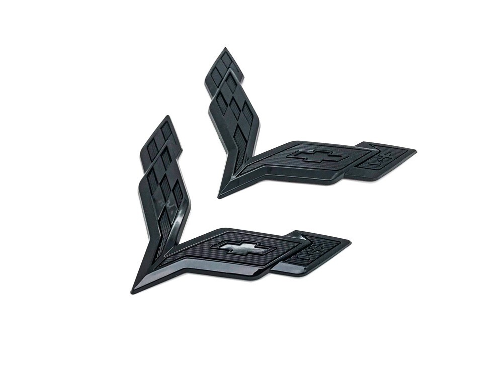 Front & Rear Set Cross Flags Emblem For 2014-2019 Corvette C7 Whole Glossy Black