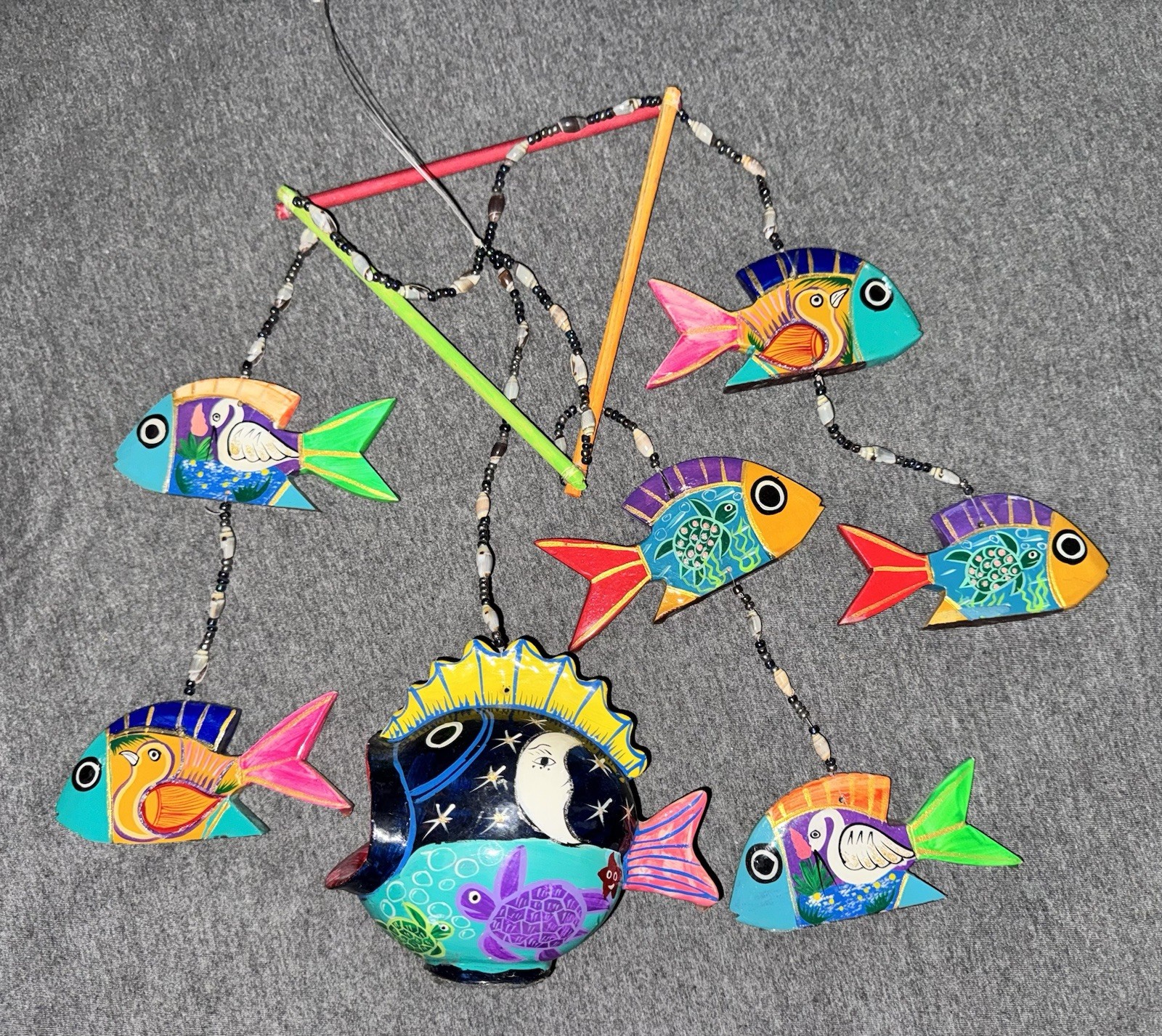 Hand Made Mexican Folk Art Fish Wooden Mobile Painted Colorful Windchime TZ1