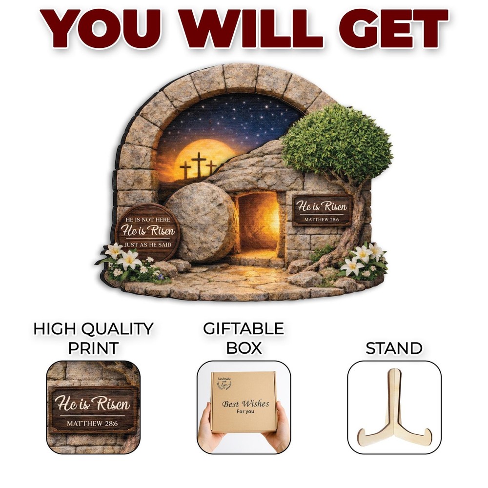 He Is Risen Easter Wooden Frame, Empty Tomb Christian Decor Gift Sign