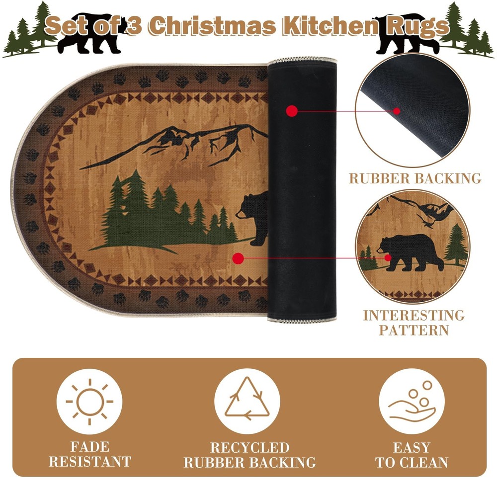2 Pcs Bear Non Skid Rug Rustic Lodge Theme Area with Onesize, Multicolor
