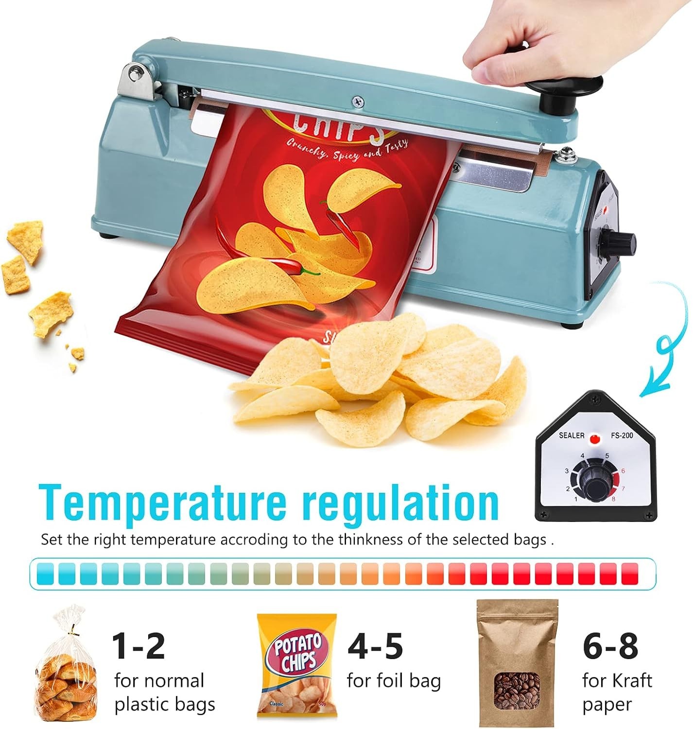 Manual Heat Sealer Machine for Plastic Bags with Adjustable Temperature Dial