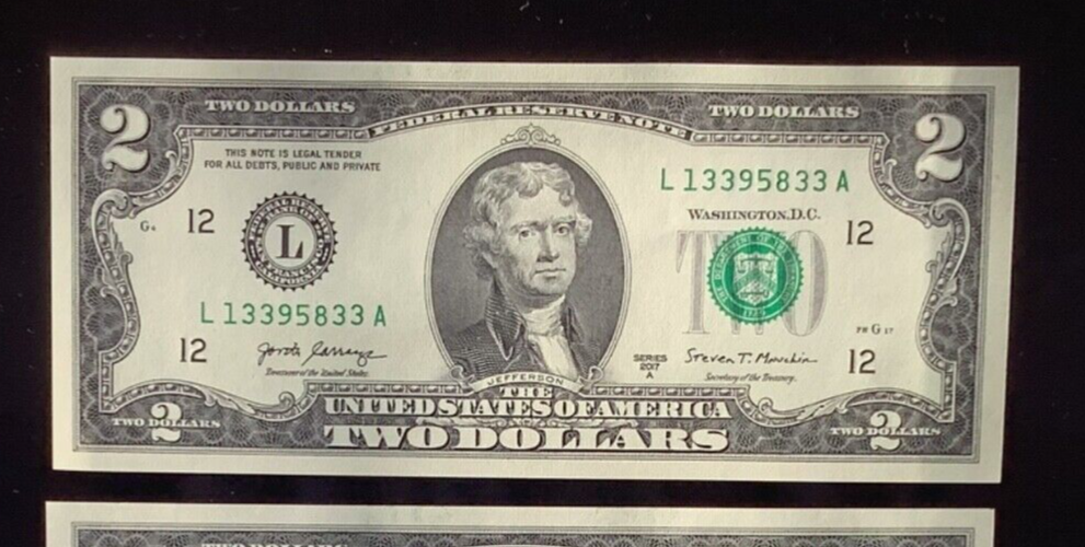 Great Gifts - 2017 2 Dollar Bills (1) First Notes - "HIGH QUALITY" Uncirculated