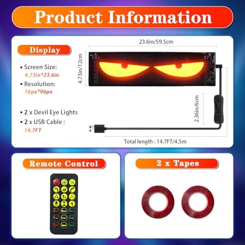 2PCS Devil Eyes Light for Windshield ：Programmable Led Sign，USB 23.6inx4.73in