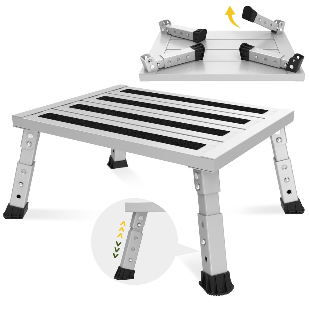 Adjustable Height Aluminum RV Step, Stable Foldable Platform Step Stool,Silver