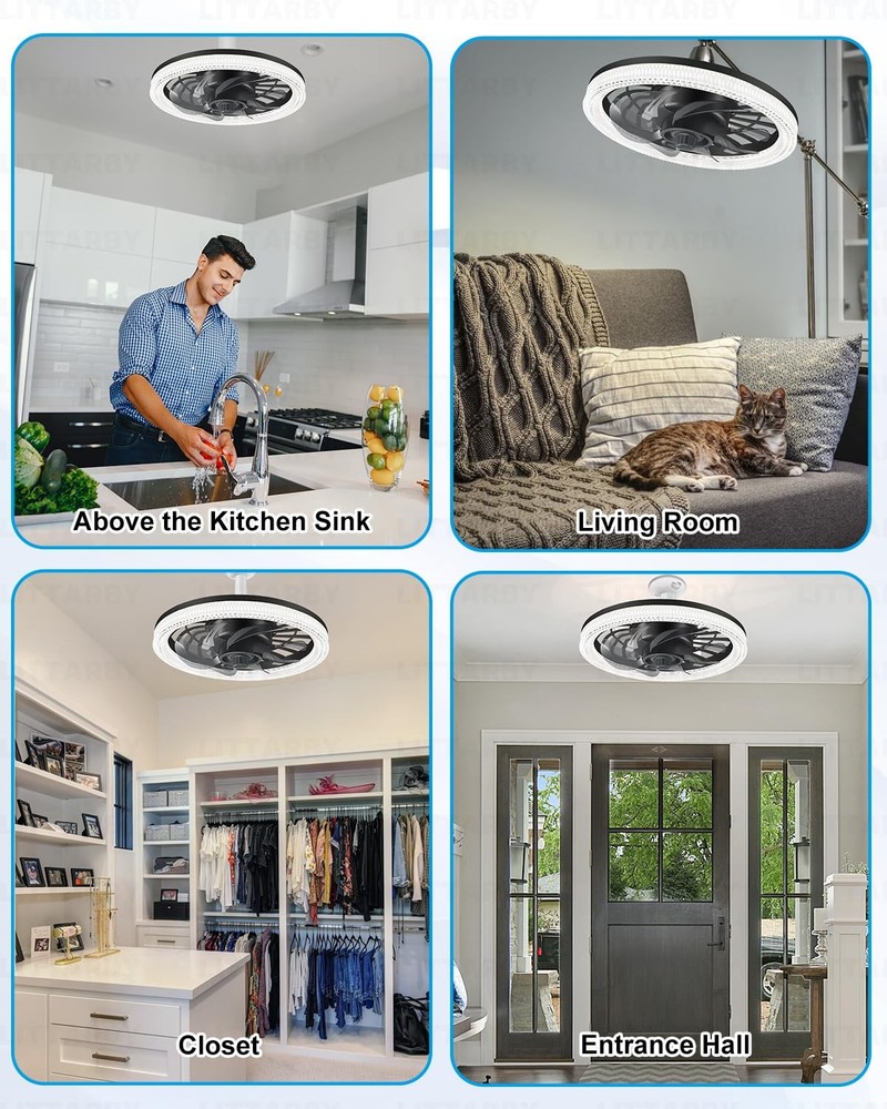 Ceiling Fans with Lights, Socket Fan Light Remote Control, Black-Large