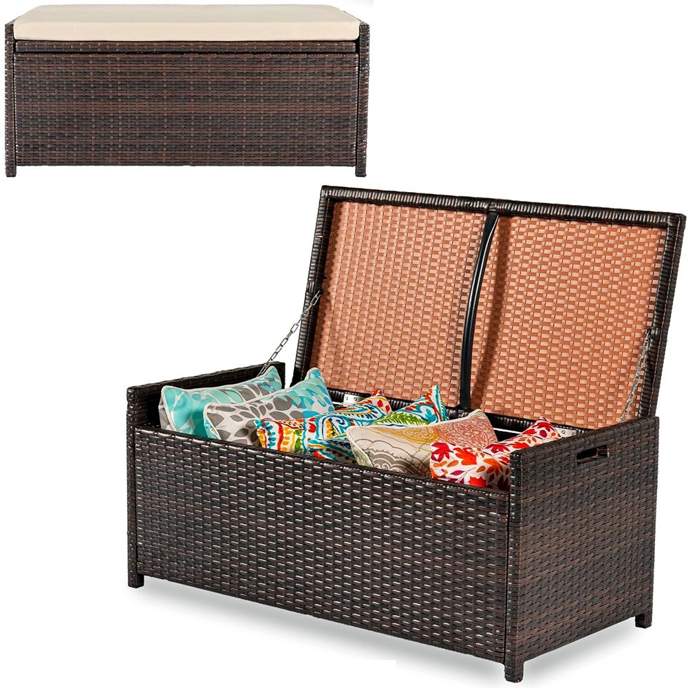 WICKER DECK OUTDOOR STORAGE BOX RATTAN BENCH HAND-WOVEN WITH CUSHION 55 GALLON
