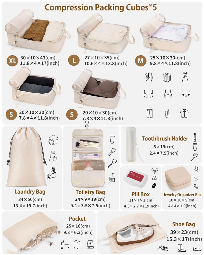 Compression Packing Cubes 12 Set, Suitcase Organizers, Extendable Packing Cub...