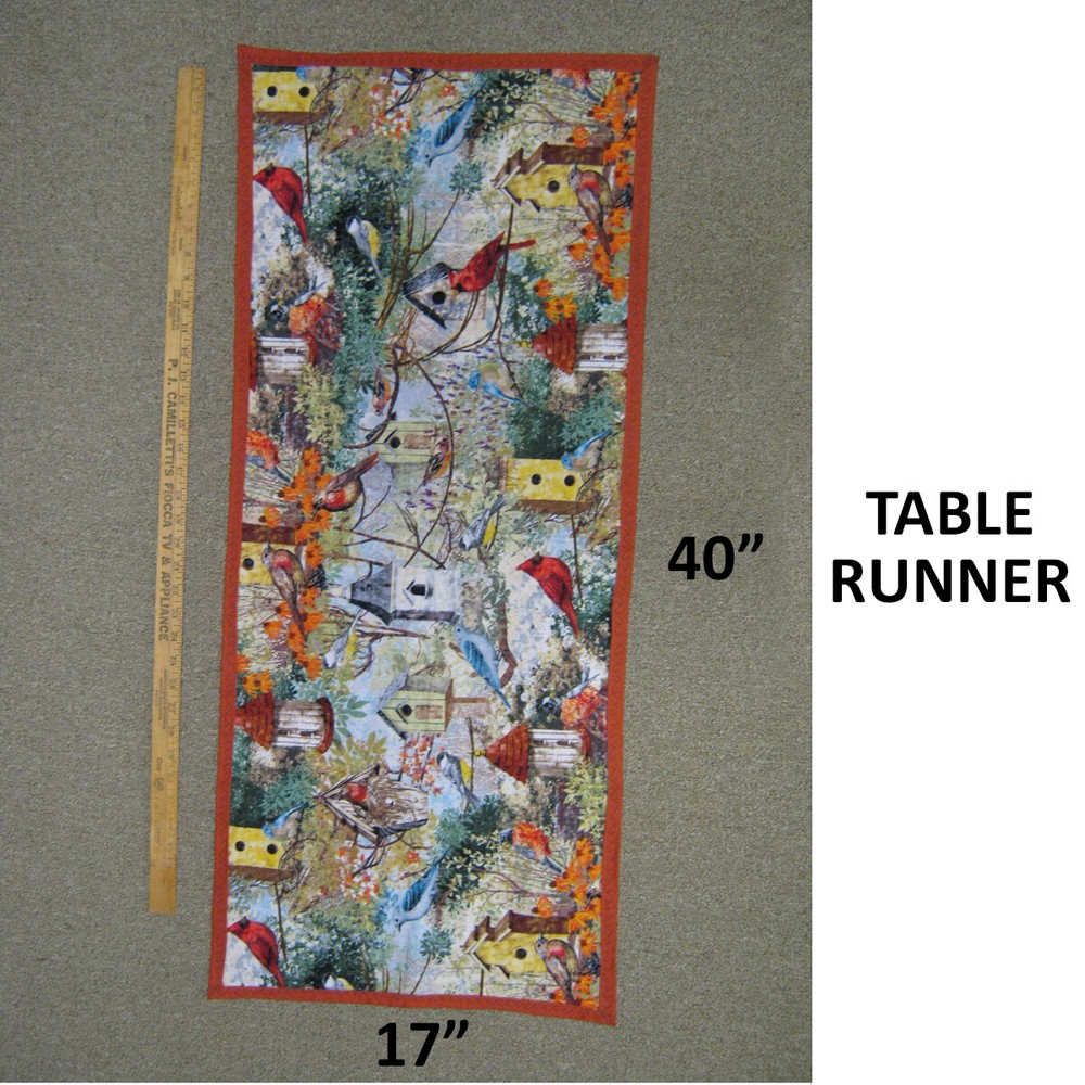 Table Runner Birds Birdhouse Pattern Dark Orange Backing - Handmade