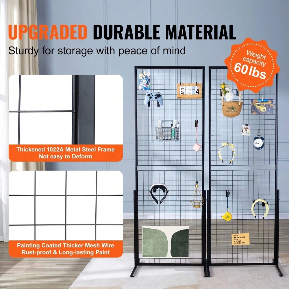 2Pcs 2x5.6ft Grid Wall Panel Tower Retail Display Rack with T-Base Hooks Clips