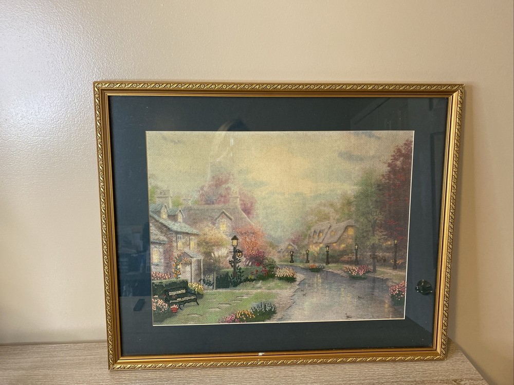 21” X 17” Framed Cottages And River Needlepoint Beautiful