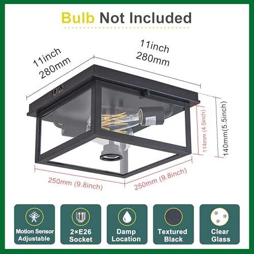 Adjustable Motion Sensor Ceiling Light Fixture 11Inch Square Textured Black
