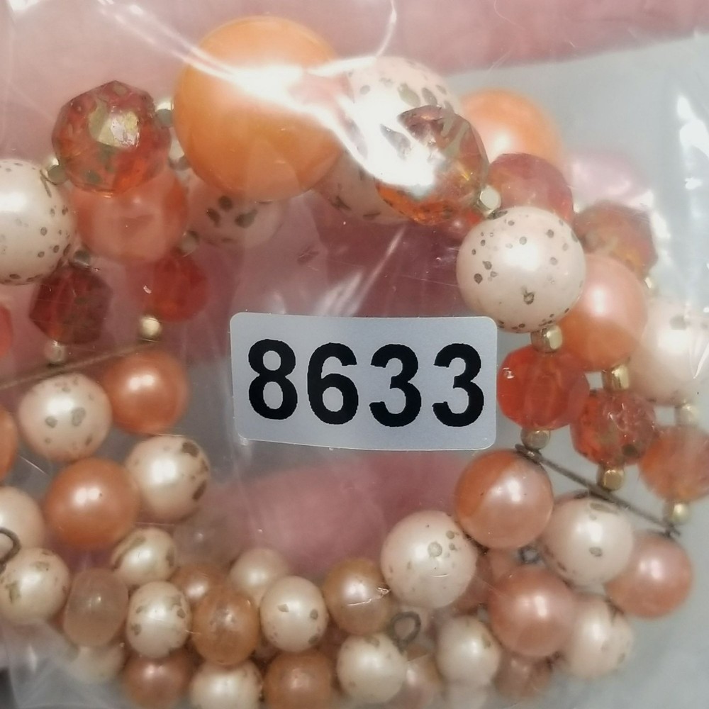 Vintage Orange Plastic Beaded Bangle Bracelet Cuff Memory Wire Three Row