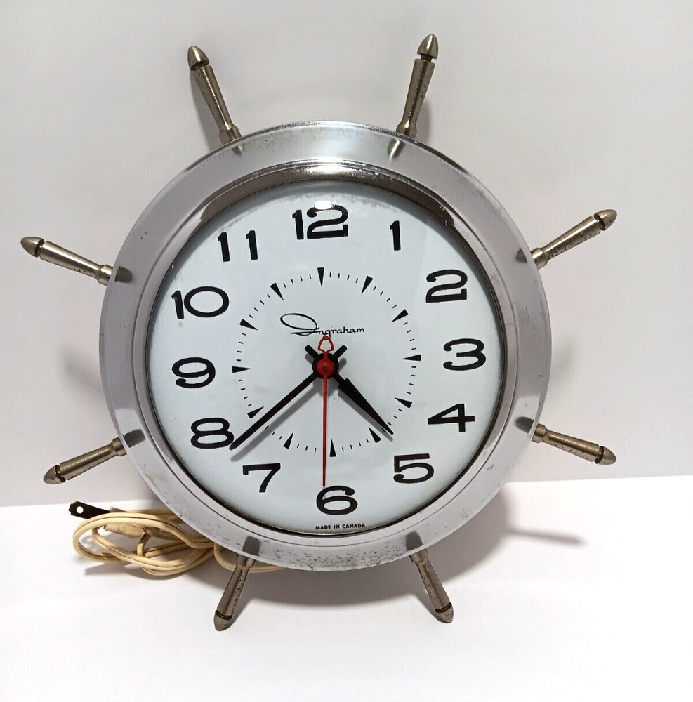 Vintage Ingraham Ship Wheel Wall Clock Silver Plug-in