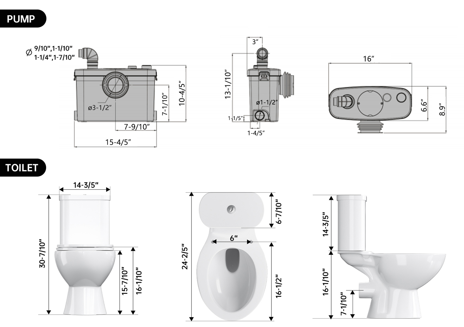 500W Upflush Macerating Toilet System Dual Flush for Basement with 4 Water Inlet