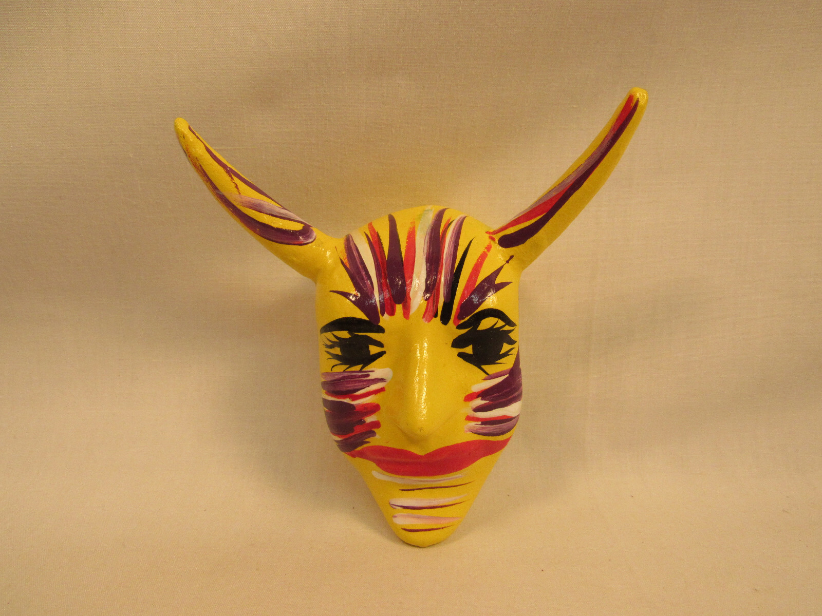 Vintage Devil El Diablo Handmade Hand Painted Mexican Ceramic Mask Yellow