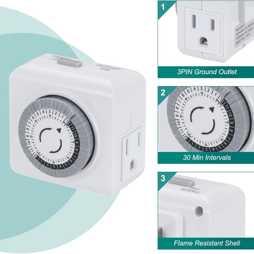 2 Pack 110-125V 3-Pin Timer Switch For Home Lighting 24-Hour Programmable Plug
