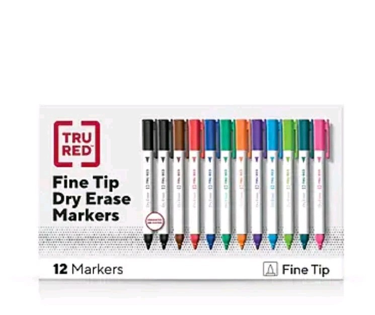 TRU RED Dry Erase Marker, Fine Tip, Assorted, 12/Pack