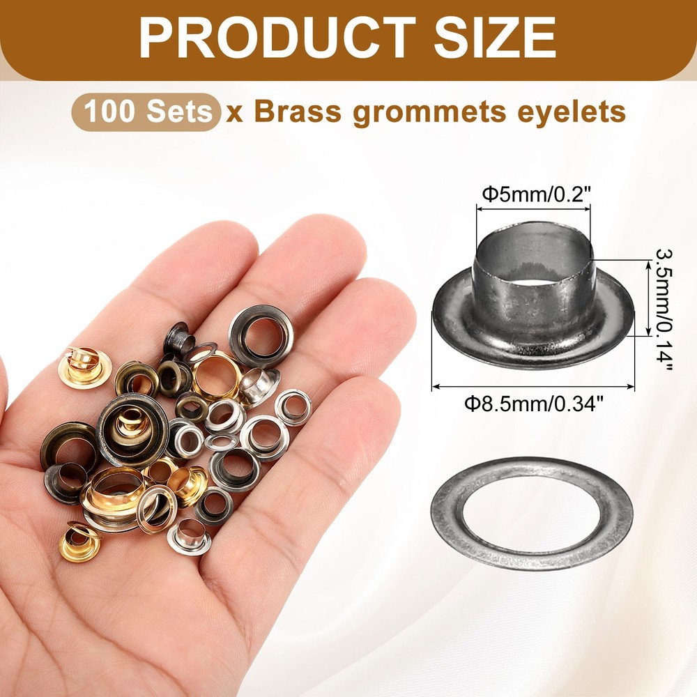 100 Sets Grommets Eyelets, 5mm Brass Self Backing Eyelets, Black