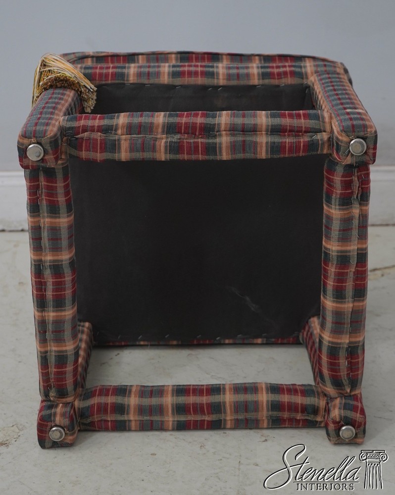 69619: Pair Custom Upholstered Plaid Print Upholstered Square Stools
