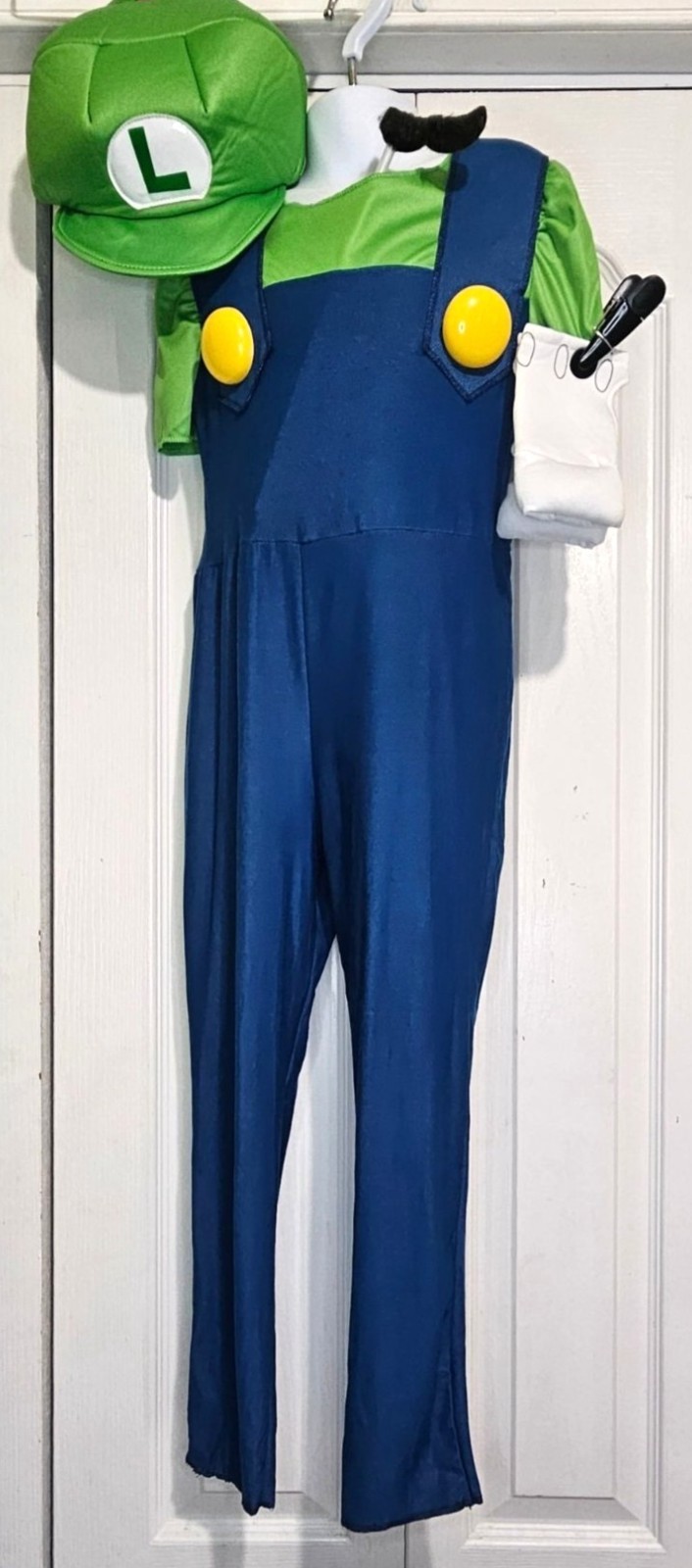 Luigi Costume Girls 7-8 Mustache Stick Gloves Hat Jumpsuit Super Mario Cute