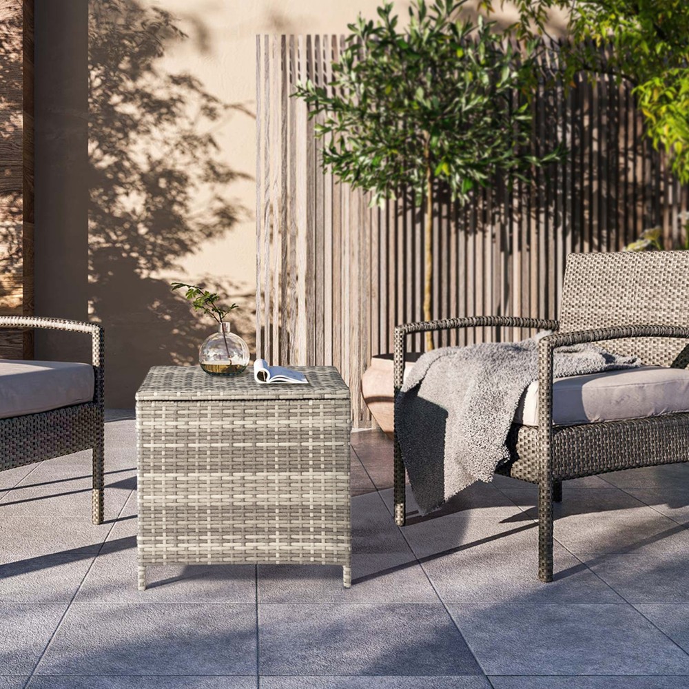 PE Wicker Side Table with Storage, Patio Rattan End Table Square Container