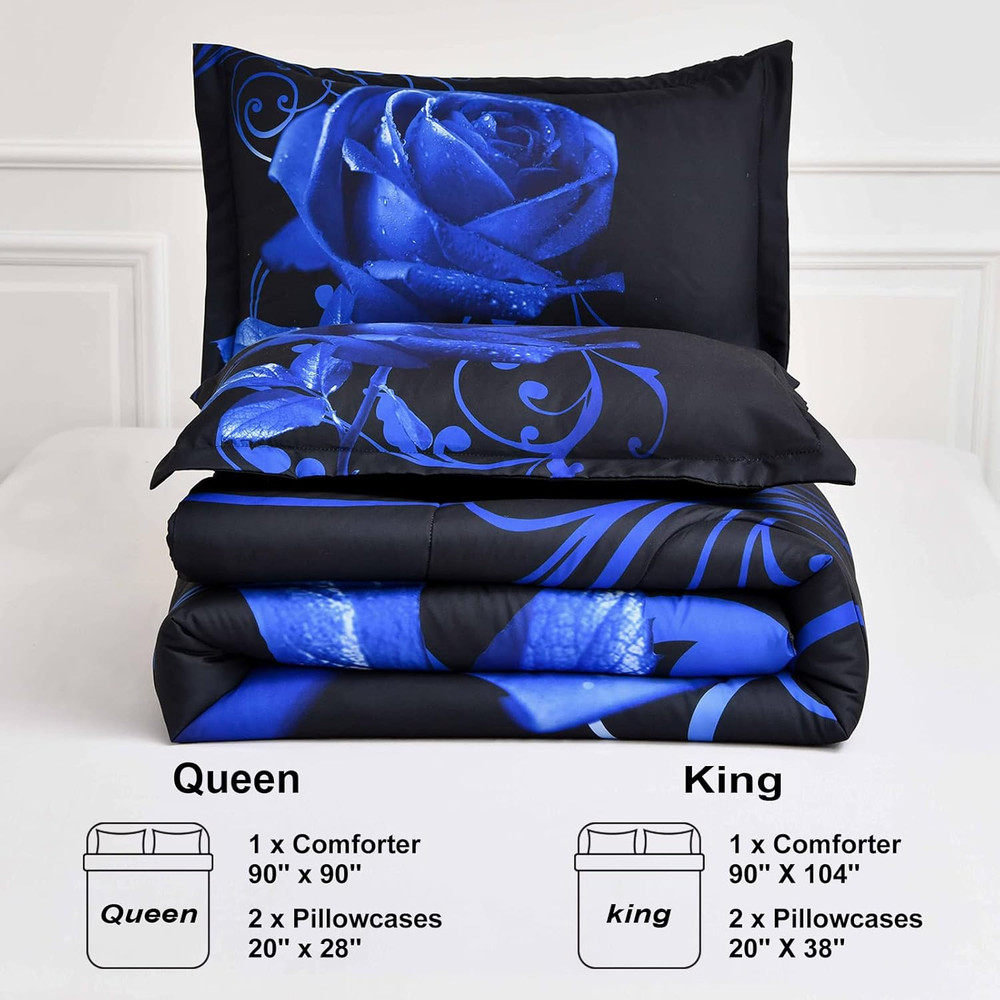 Blue Comforter Set King, Reversible Blue Rose Pattern Printed Bedding Comforter