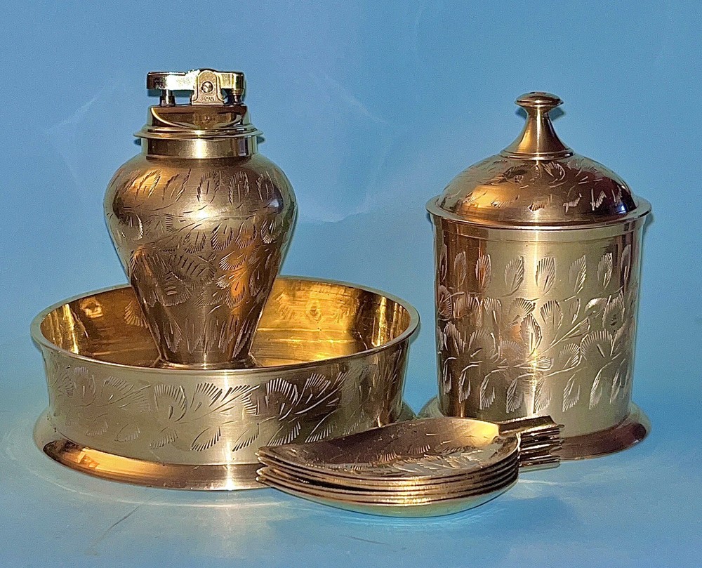 Brass Tobacciana Etched Feather Design Table Set