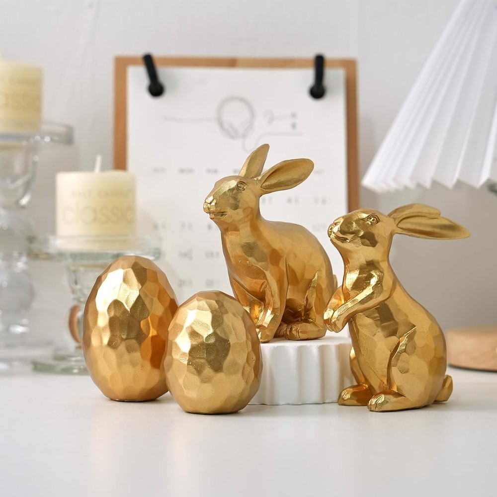 Gold Easter Bunny and Egg Set, 4Pcs Resin Easter Rabbit and Egg Figurines, Small