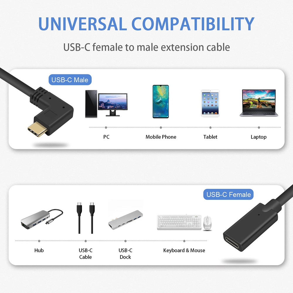 USB C Extension Cable 1Ft, USB C Right Angle Extension Cable Short, PD 3.1 90 De