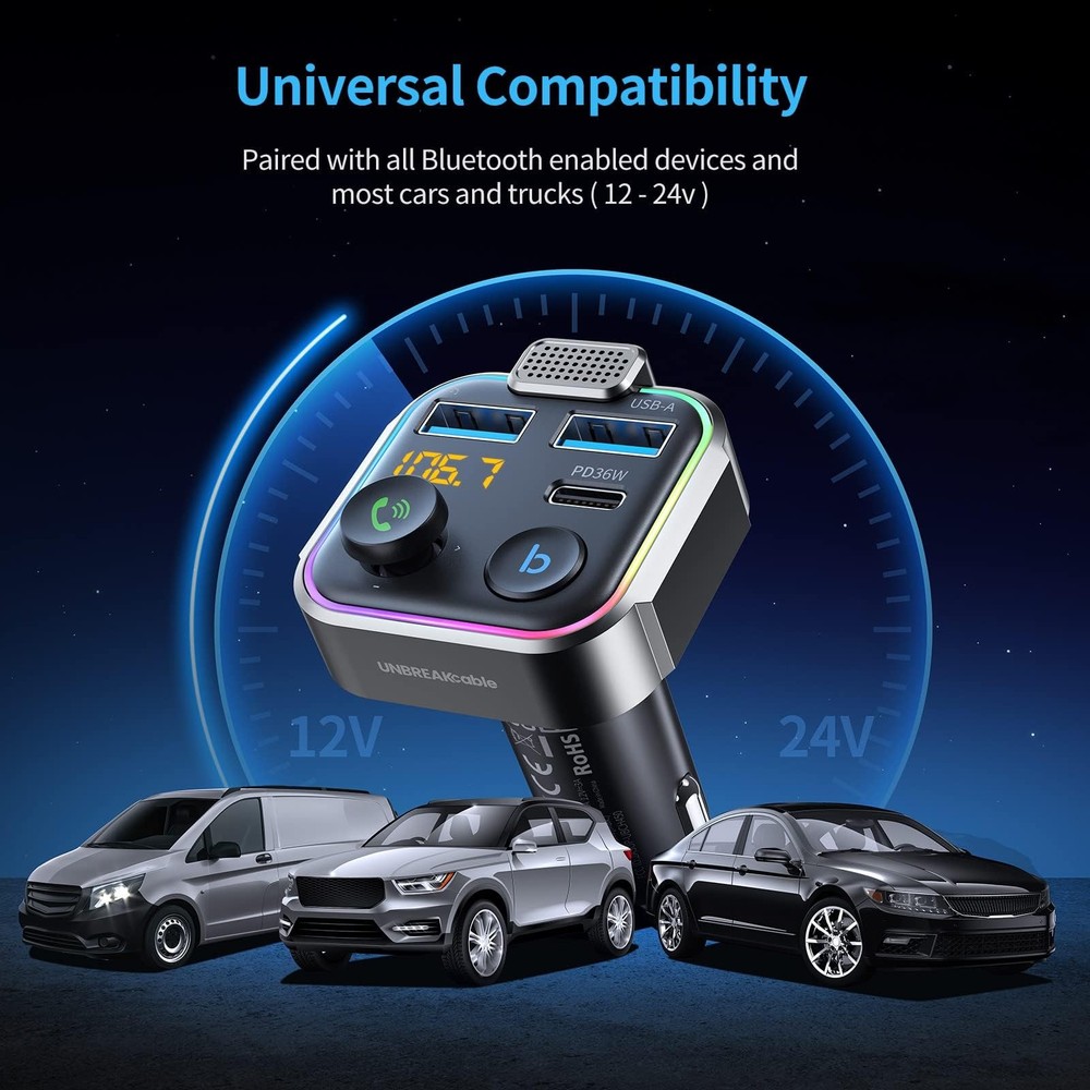 UNBREAKcable Bluetooth FM Transmitter for Car, PD 38W Fast Charging, Wireless...