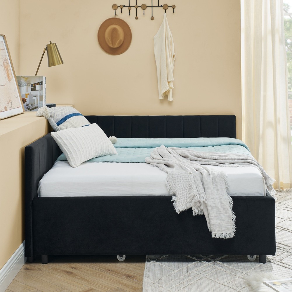 Full Size Daybed Velvet Upholstered Bed Frame Sofa Bed w/ Pull-Out Trundle Black