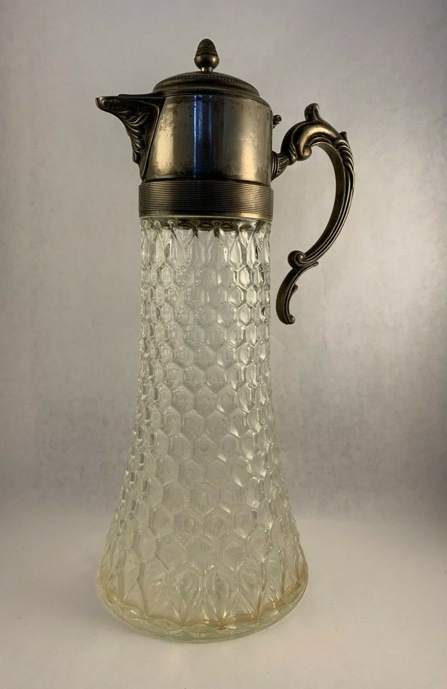 vintage Honeycomb Crystal & Silver Plate lid decanter water pitcher
