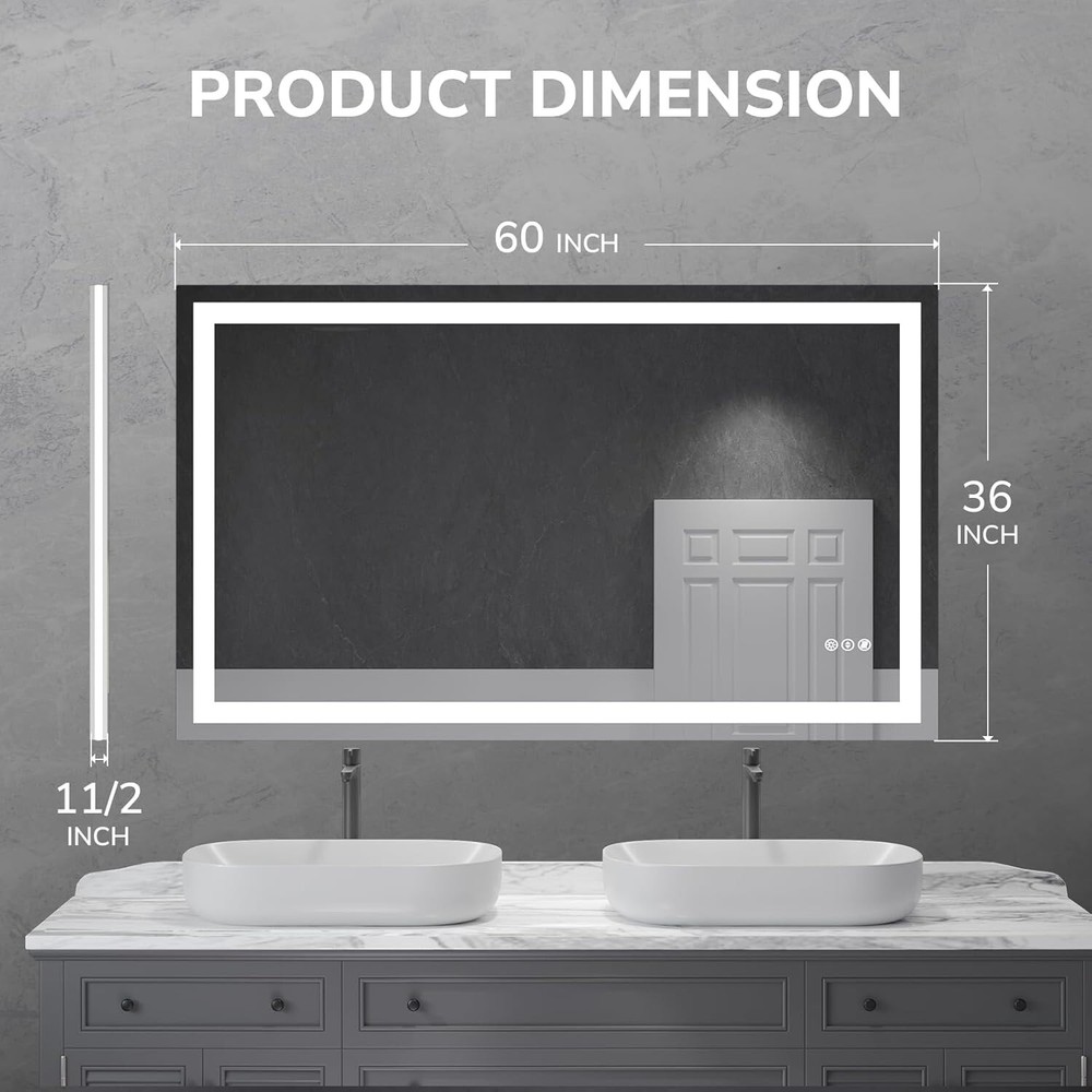 60'' X36'' LED Bathroom Mirror Dimmable Wall Vanity Mirror Vertical & Horizontal
