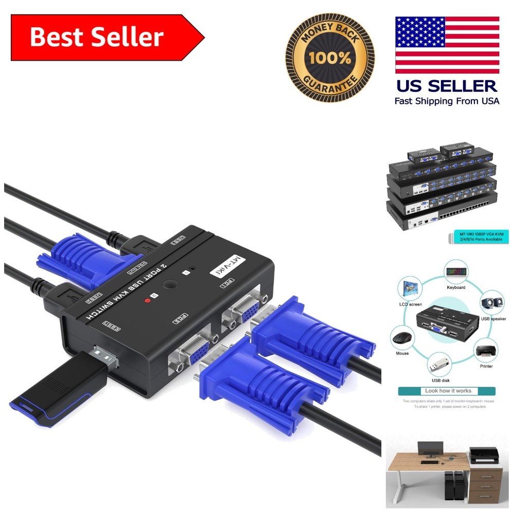 2 Port USB VGA KVM Switch for Dual Computer Use - Easy Push Button Control
