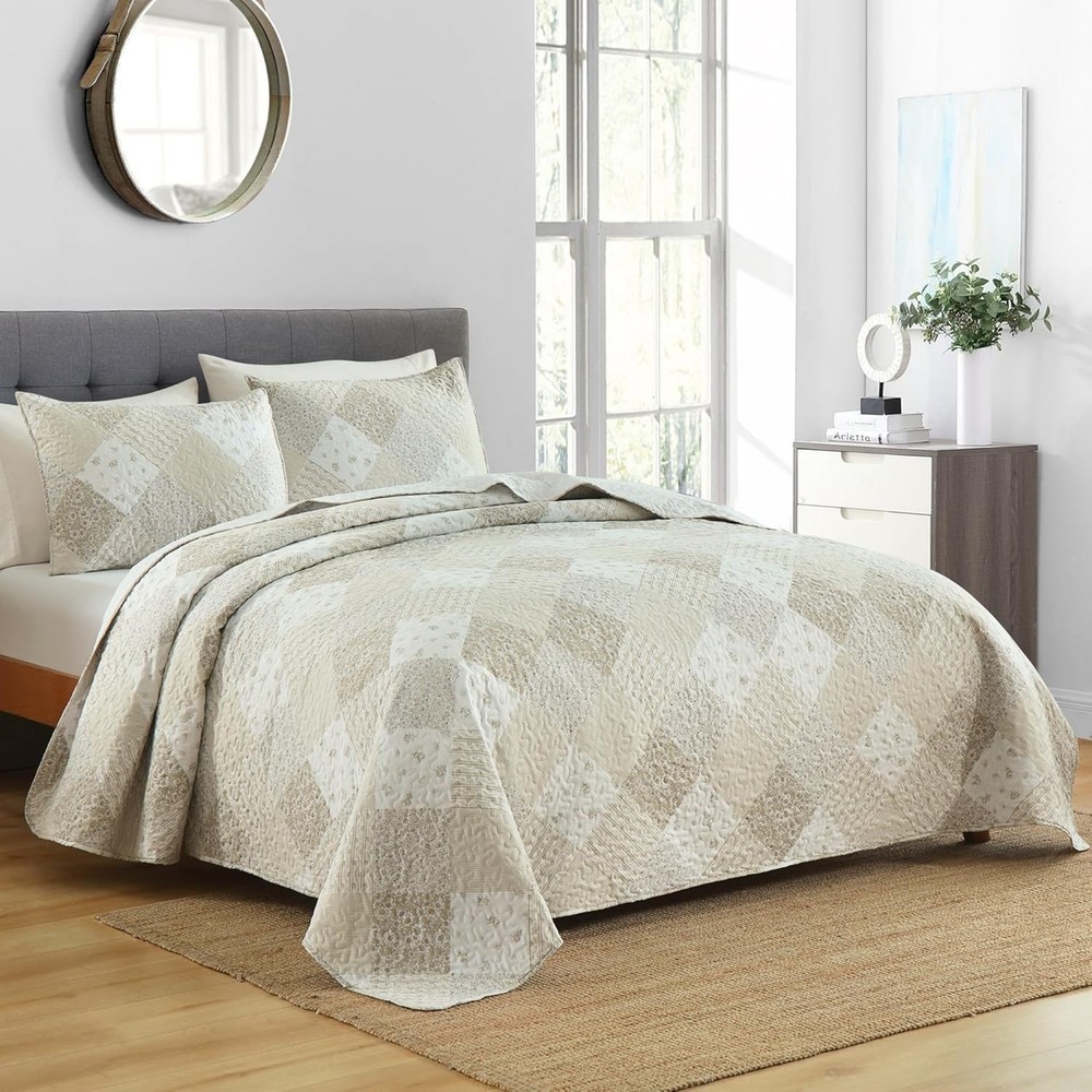 3 Piece Full Size Quilt Set Queen Lightweight Soft Plaid Patchwork Bedding