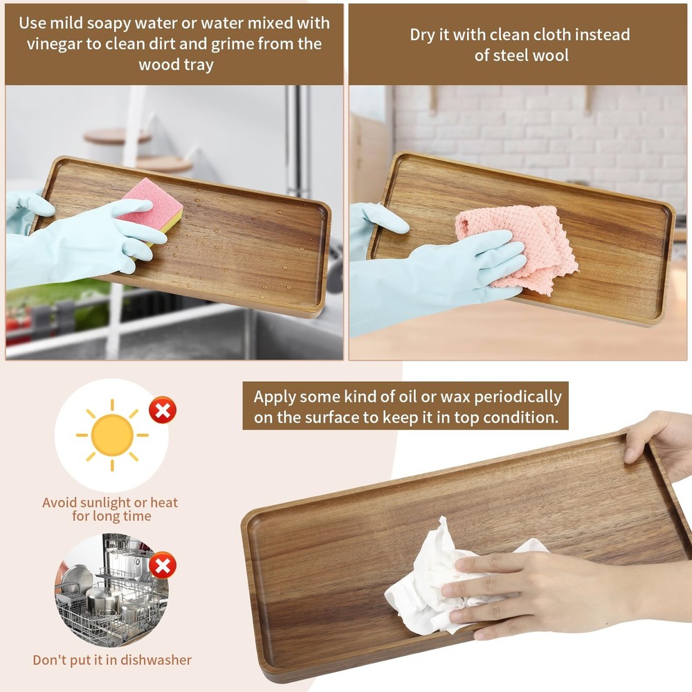 3 PCS Solid Acacia Wood Serving Trays 14x5.3 Inch Rectangular Platters Boards