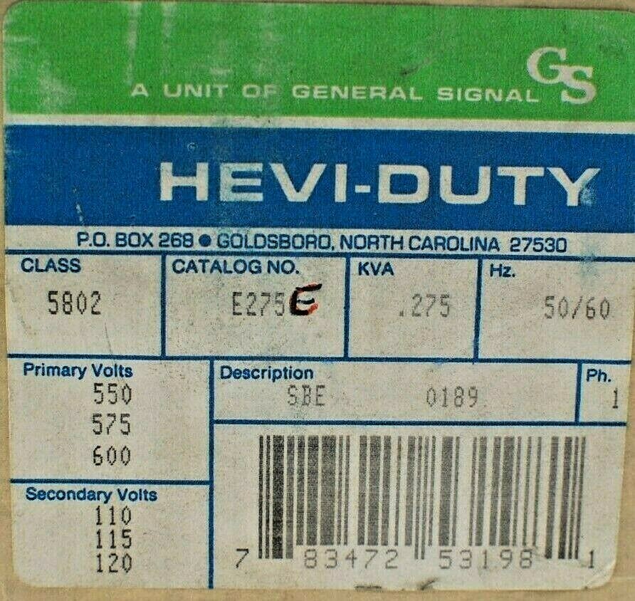 Hevi-Duty E275C Industrial Control Transformer