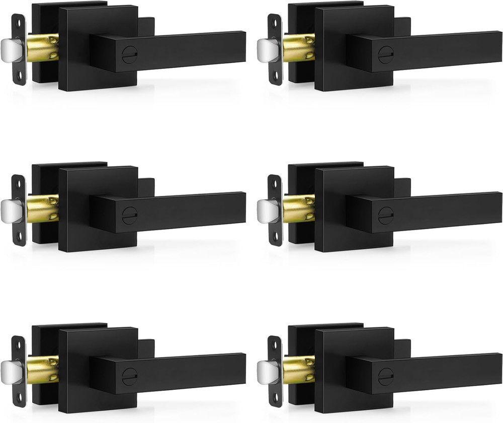 6 Pack Matte Black Door Handles Interior, Keyless Interior Door Knobs, Privacy D