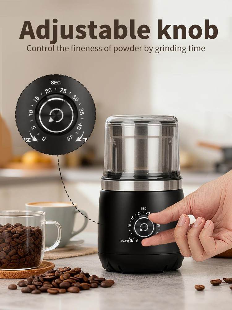 Coffee Grinder with Silent Grinding Blades & Timer Knob to Adjustable Coarse ...