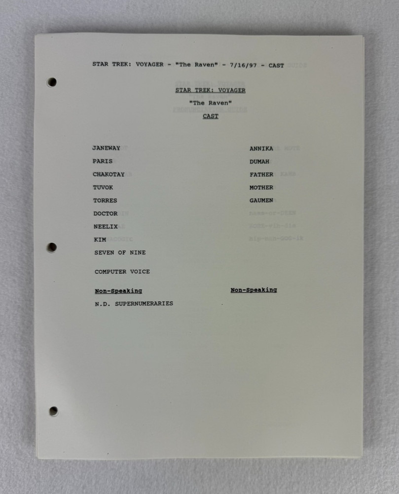 Star Trek Voyager “The Raven” Final Draft Original Studio Script 07/16/1997