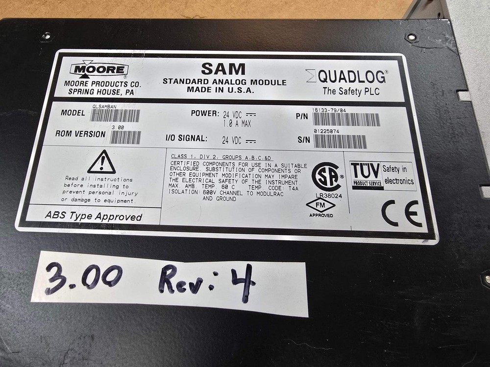 MOORE QLSAMBAN QUADLOG, ROM VERSION 3.00, REV: 4, SAM STANDARD ANALOG MODULE, 24