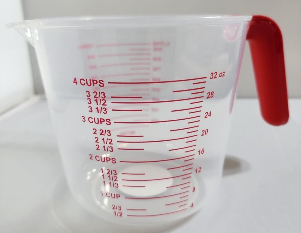 Clear Plastic 4 Cup Measuring Cup with Red Handle – 32 oz Kitchen Measure