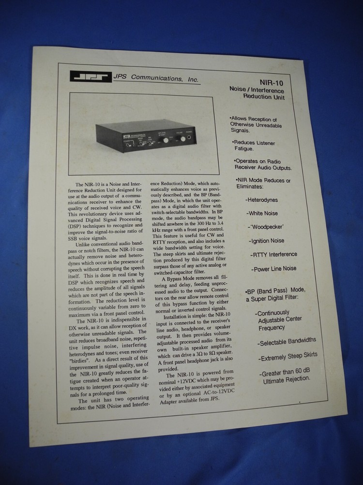 JPS NIR 10 AUDIO FILTER Product Sales Information  (original)