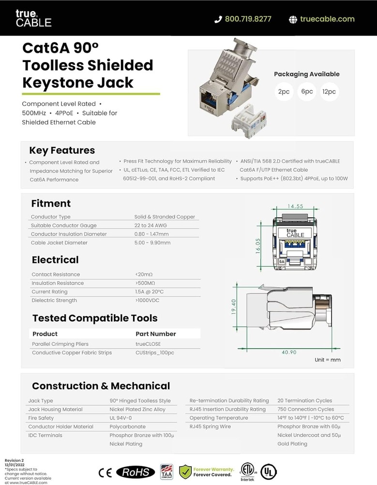 trueCABLE Shielded Cat6A Keystone Jack, Toolless, PoE++ (4PPoE) 2pc,