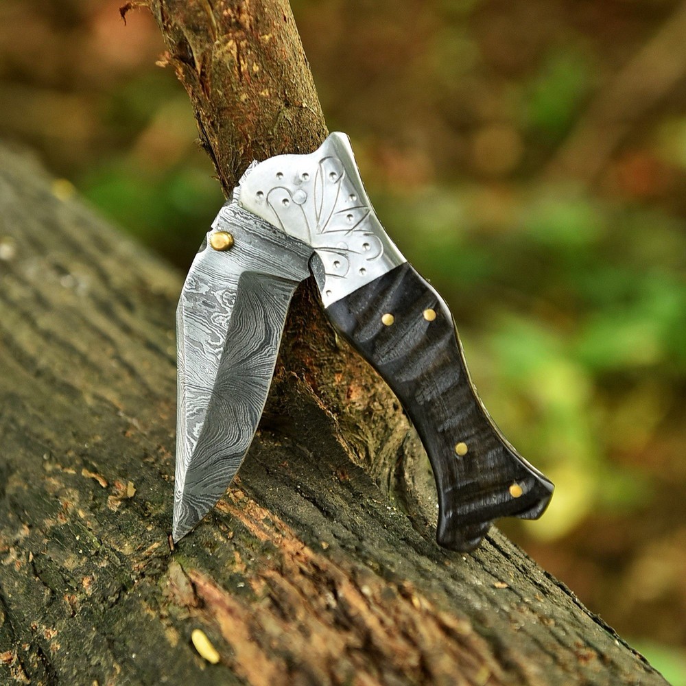 Damascus Folding Dagger Blade Pocket Knife Tactical-Double Edge
