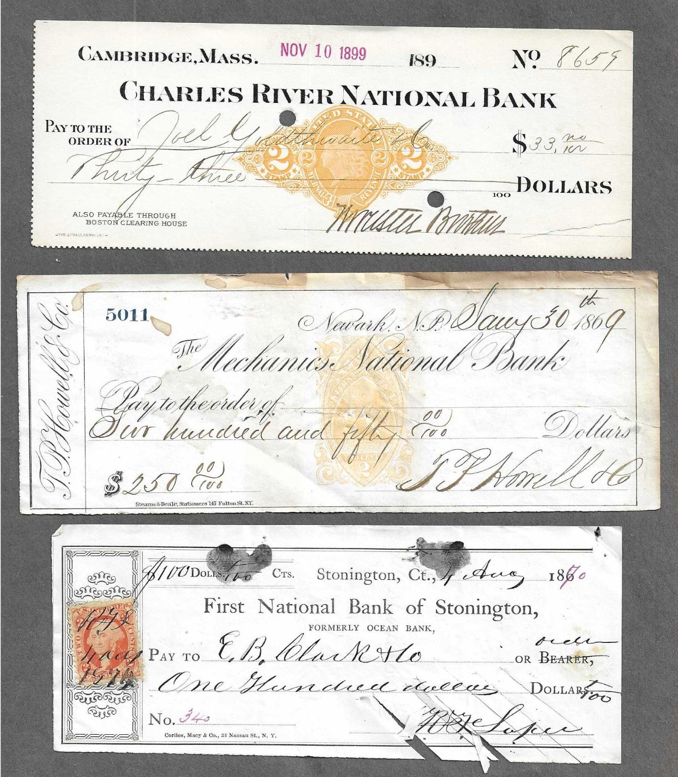 3 Bank Checks 1869-1899